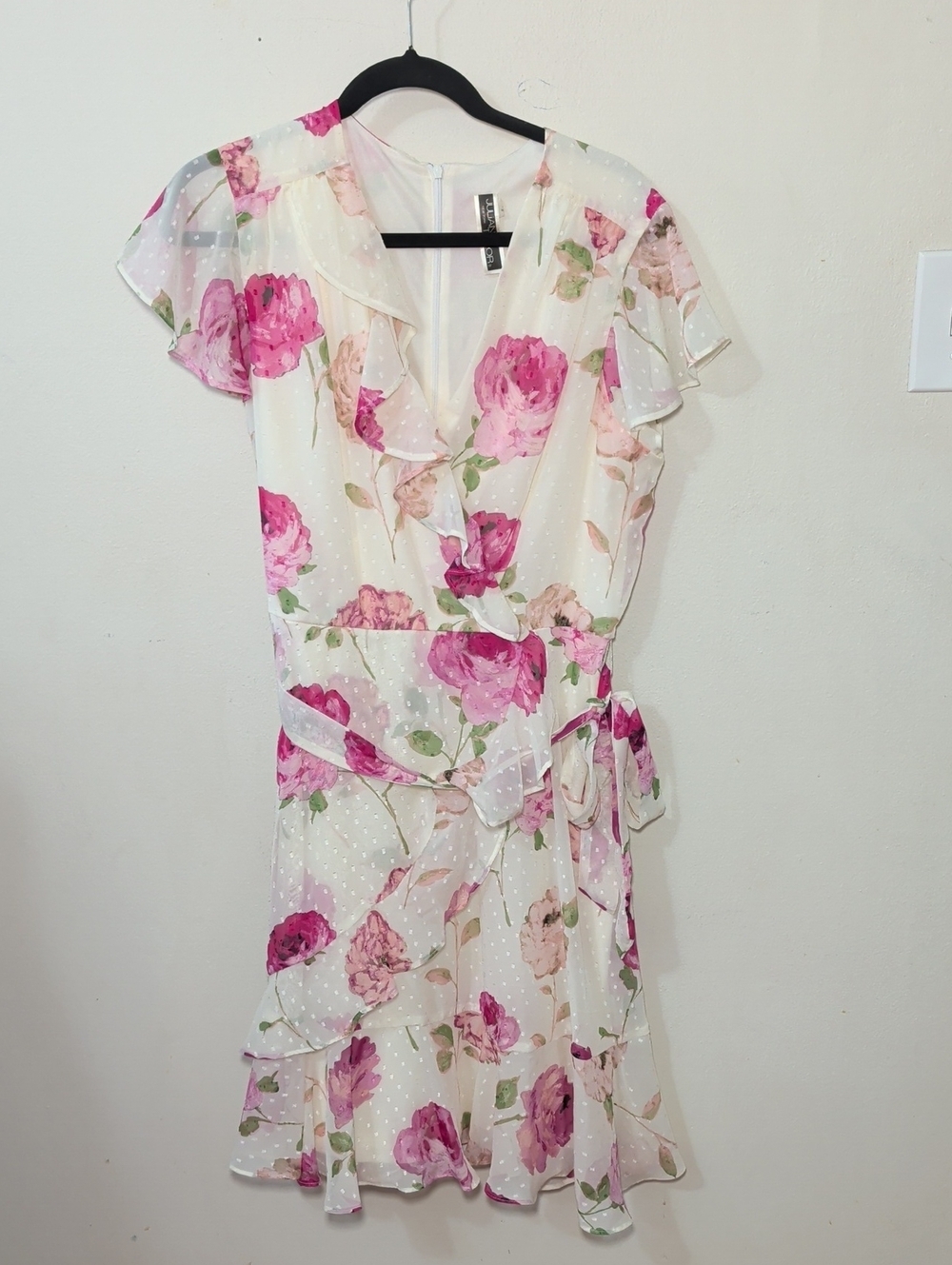 Julian Taylor Floral Faux Wrap Dress White Pink Ruffle Front Women's Size 16